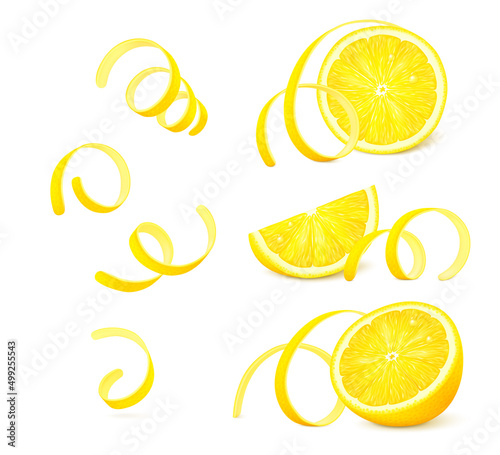 Pieces of lemon fruit with twisted zest (peel) isolated on white background. Realistic vector illustration. 