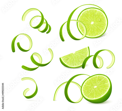 Fotografie, Obraz Pieces of lime fruit with twisted zest (peel) isolated on white background