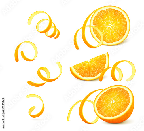 Pieces of orange fruit with twisted zest (peel) isolated on white background. Realistic vector illustration. 