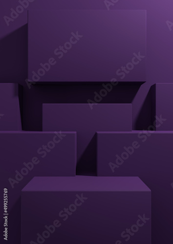 Dark purple, violet 3D rendering product display background simple, minimal, geometric wallpaper with podium stand for product photography or advertisement presentation template © Little River