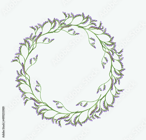 Watercolor flower circle with wild Limonium. Wreath from Sea Lavender 