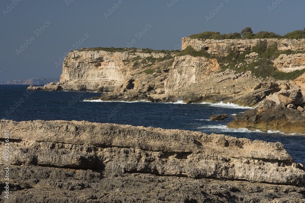 Cliffs of S'Almonia, sea and blue sky. Balearic Islands, Mallorca, Spain. Ideal destination for a holiday.