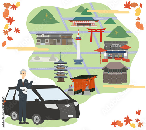 京都観光をアテンドする男性のタクシー運転手