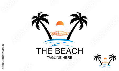 The Beach With Sunset Logo Design Template. elegant hipster gold sun sunset sunrise with beach ocean seawater logo.