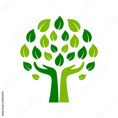 Hands holding leaves forming a tree. Human care for nature. Environmental conservation concept. Green leaves with two palms. Mother nature protection. Ecology. Vector illustration, flat, clip art. 