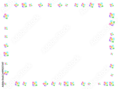 抽象的な四角のデザインフレーム、カラフルなデフォルメ花型の背景 © momomi12