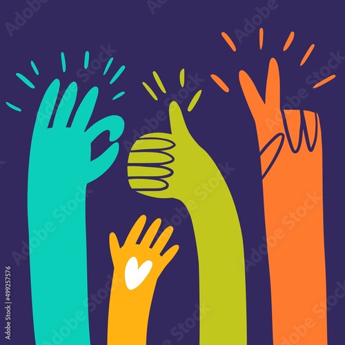 Illustration of people's hands raised up, hand-drawn illustration