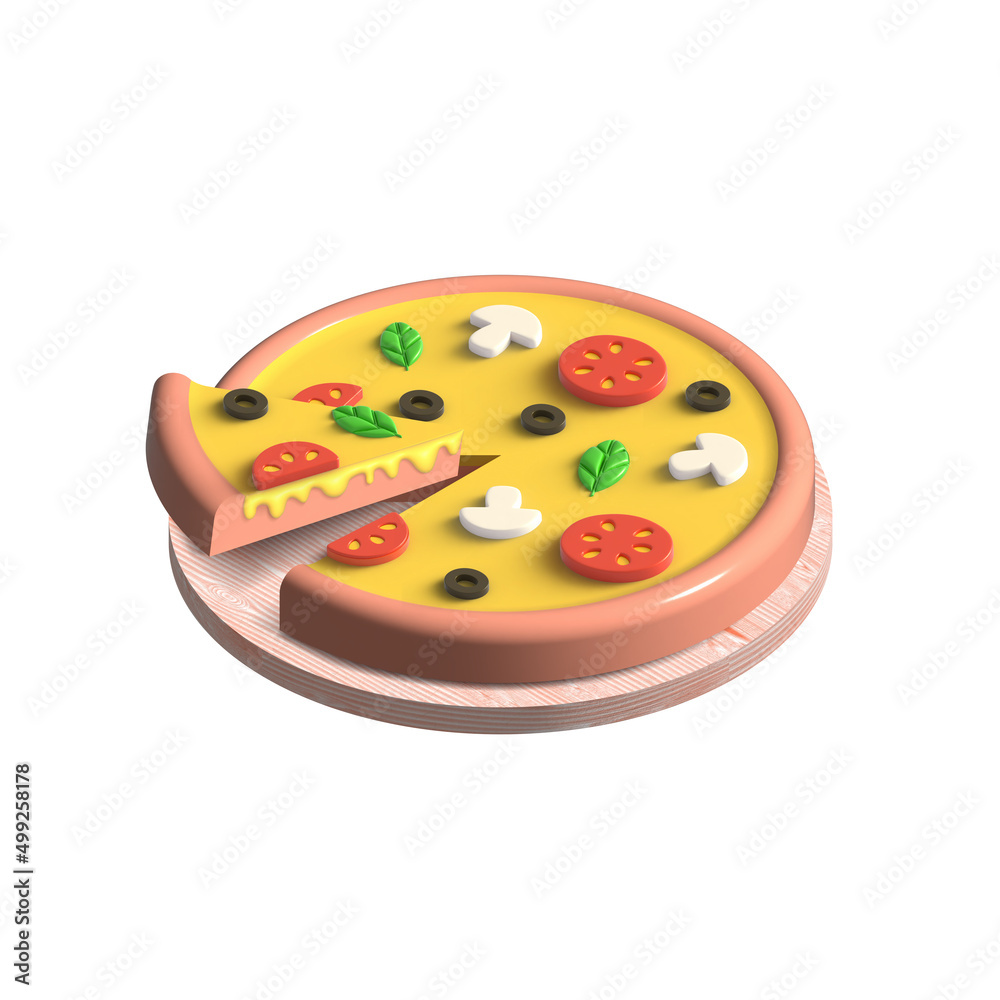 3d slice of pizza with mushrooms, olives, tomatoes, and basil on a wooden board. Isolated illustration on a white background. 3d slice of pizza with mushrooms, olives, tomatoes, and basil on a wooden board. Isolated illustration on a white background.