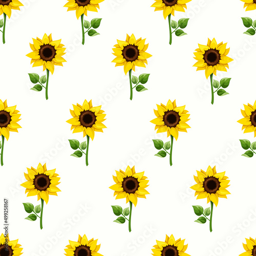 Vector seamless pattern with yellow sunflowers with stems on a white background