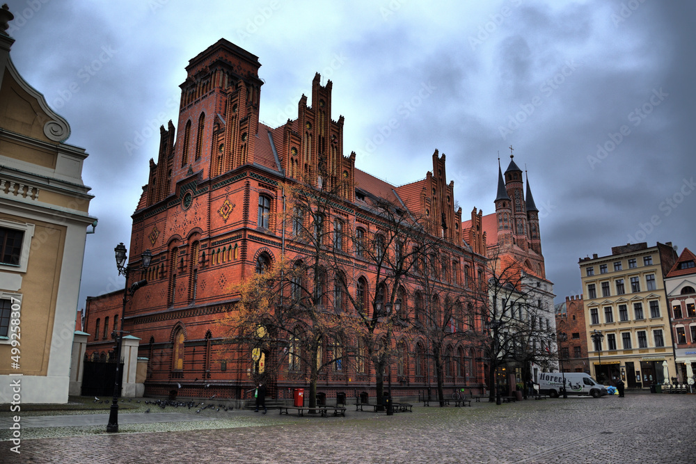 Views of the different tourist places in the medieval city of Torun, Poland. Nicolaus Copernicus city. Town Hall Square