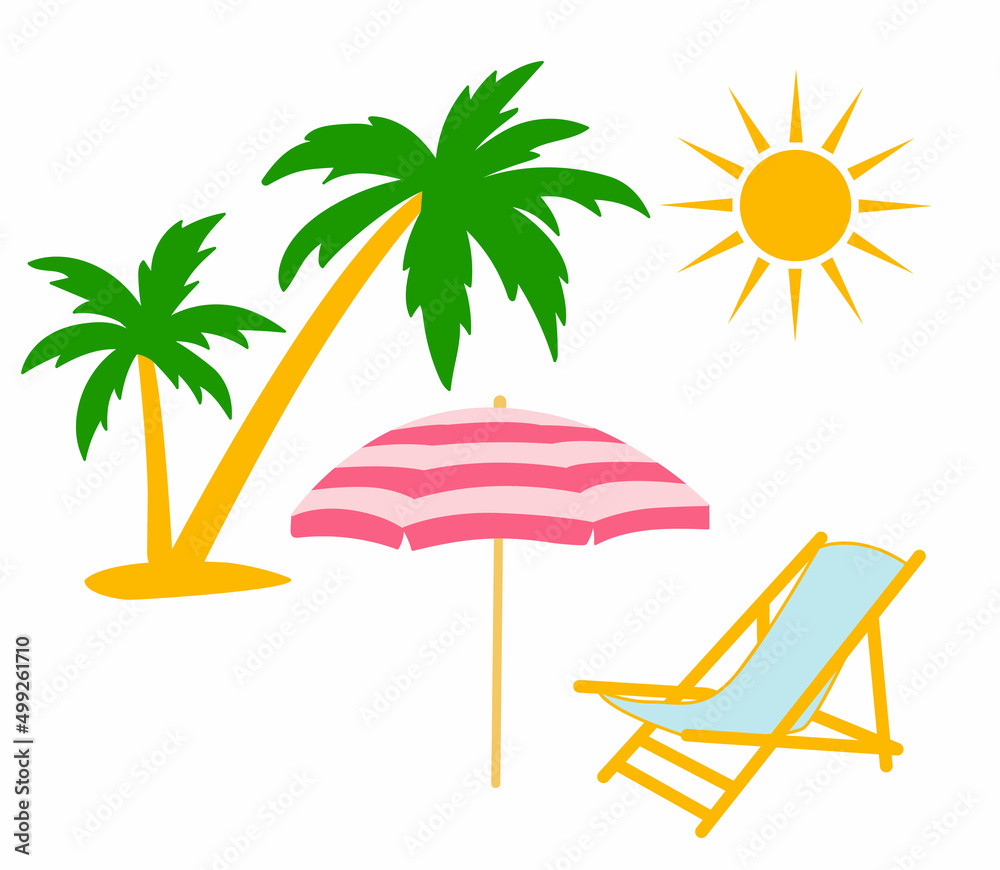 Set of vector elements. Summer holidays, sun, beach umbrella, palm tree and lounge chair isolated on white