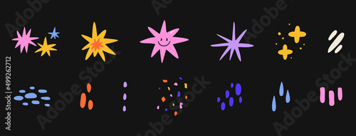 Large set of bright abstract stars, shapes and doodles. Bright positive stickers. Hand drawn Abstract shapes. Vector illustrations. Cartoon style. All elements are isolated.