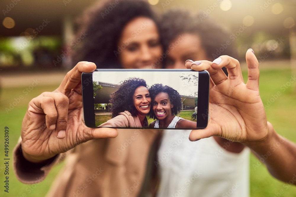 The ultimate selfie queens. Cropped shot of two female best friends taking a picture in a public park.