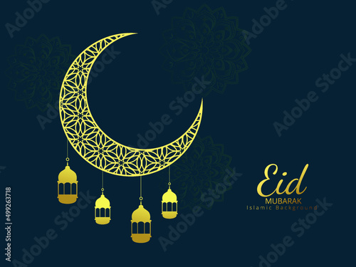 Eid mubarak celebratory illustration with moon with Islamic pattern with lantern