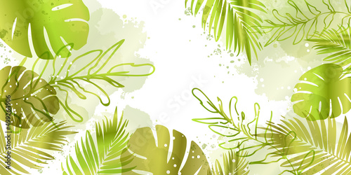 Leaves Background - Hand drawn colorful plant set modern and universally usable. Flower branch and minimalistic plants. Hand drawn lines, elegant leaves for your own design.