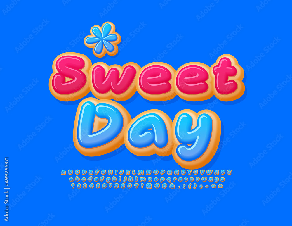 Vector artistic card Sweet Day. Tasty Alphabet Letters, Numbers and Symbols set. Donut style Font