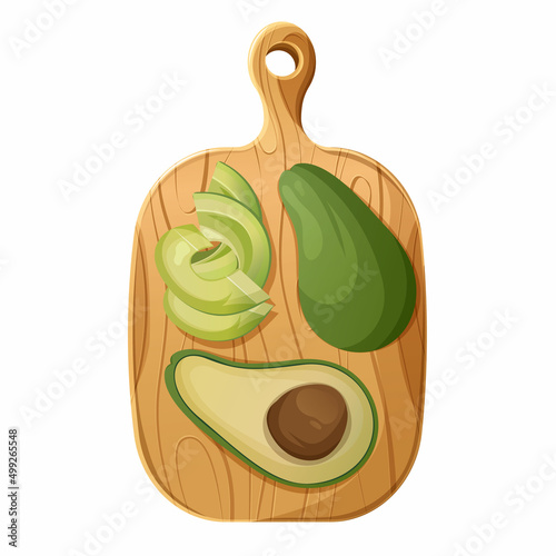 Wooden cutting board with avocado, pieces, whole and with pit, vector illustration on isolated transparent background healthy food concept for menu, restaurant, home cooking, poster, banner, sticker.