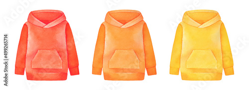 Watercolour illustration collection of modern colorful casual hoodie with front pocket in various colors: red, orange, yellow. Hand painted sketchy drawing, isolated element for design, banner, print.