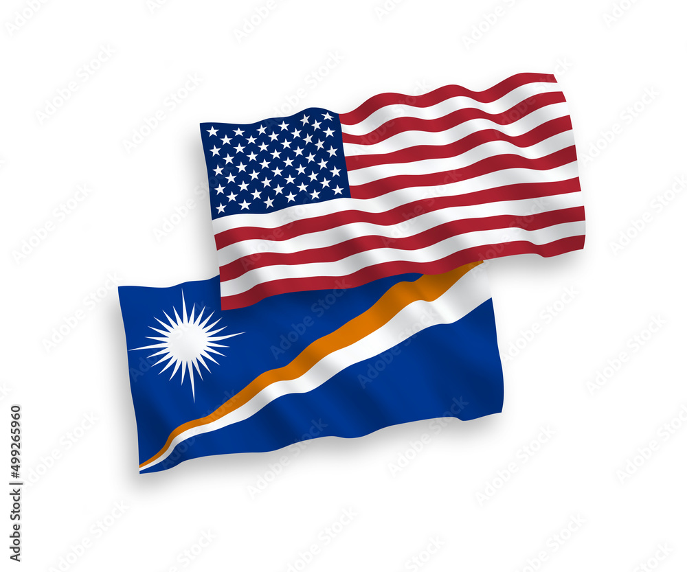 Obraz premium Flags of Republic of the Marshall Islands and America on a white background