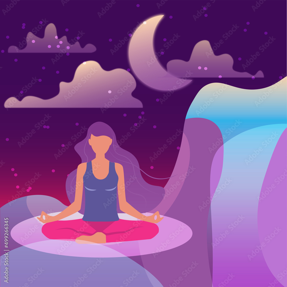 Yoga meditation girl in space in a flat style, dreaming, manifesting, magic, power of thoughts, abundance, spirituality 