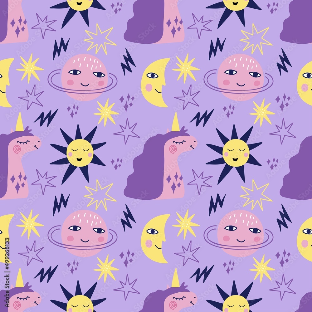 Seamless pattern with cute pink and lilac unicorns, stars, planets on a lilac backfround. Vector graphics for prints on childrens clothes, t-shirts, pillows, wallpapers, packaging, packages.