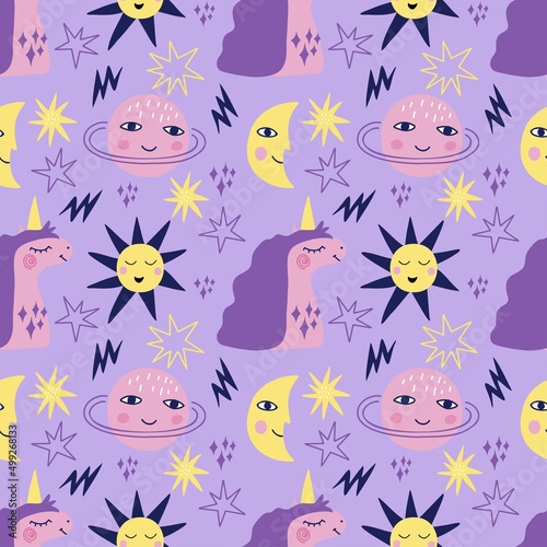 Seamless pattern with cute pink and lilac unicorns  stars  planets on a lilac backfround. Vector graphics for prints on childrens clothes  t-shirts  pillows  wallpapers  packaging  packages.