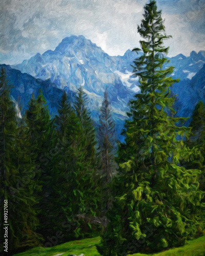 Watercolor and oil painting nature landscape, famous travel and touristic place, outdoor vacation trend print for poster, paper, textile or canvas. Modern fine arts design wallpaper. Wall art drawing