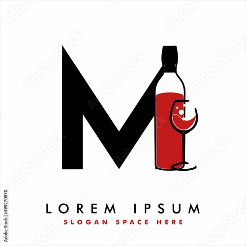 Creative M letter with wine bottle logo design concept. wine bottle & glass  logo design template vector.