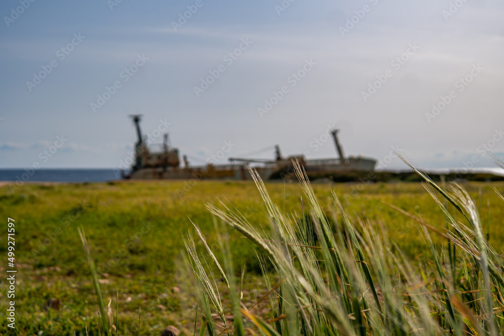 Cyprus - Abandoned shipwreck EDRO III in Pegeia, Paphos, Cyprus view at amazing sunset time