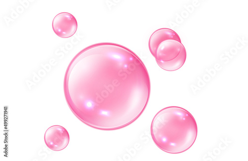 Pink Collagen bubbles on white background. Fizzy sparkles. Bubble gum photo