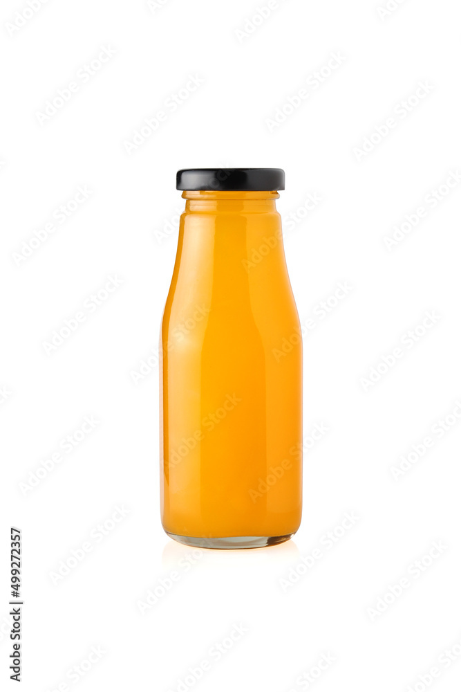 orange juice in glass bottle isolated on white background orange juice in glass bottle isolated on white background