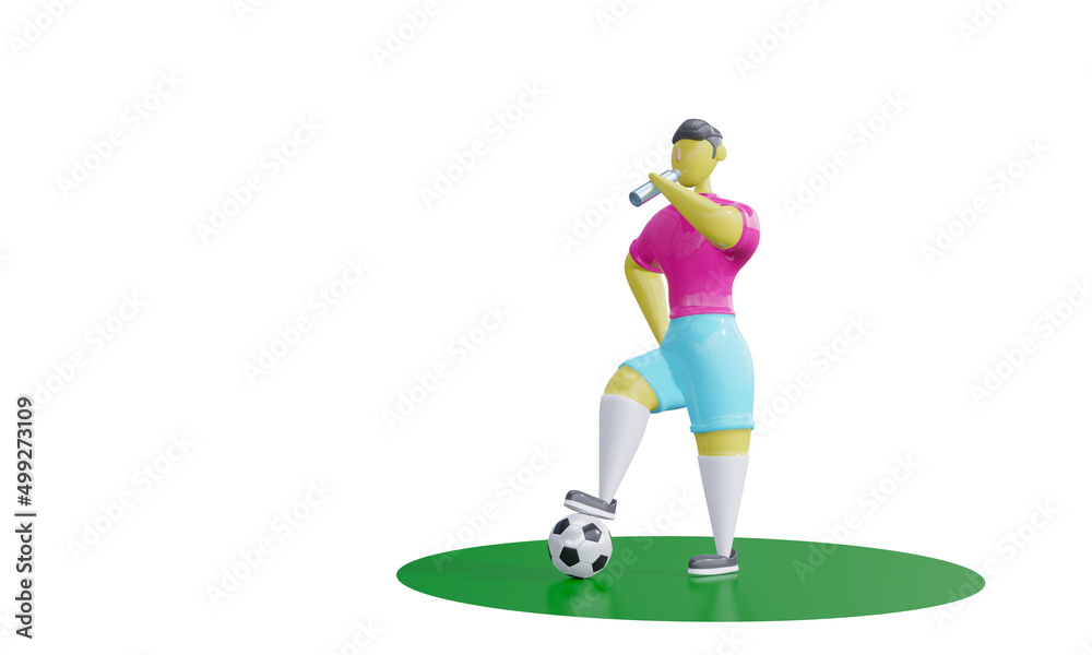 3d render. Character soccer player drinks water from a bottle and holds the ball with one foot.