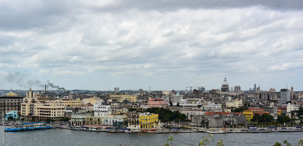 Havana. Cuba. March 27, 2019. View of the Old town across the Bay from the Morro fortress.