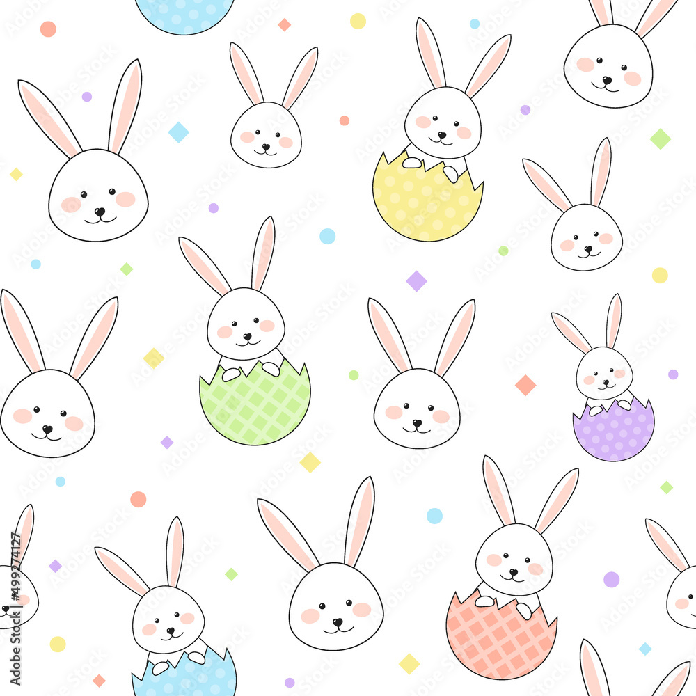 Design of an Easter pattern with smiley bunnies and eggs. Vector
