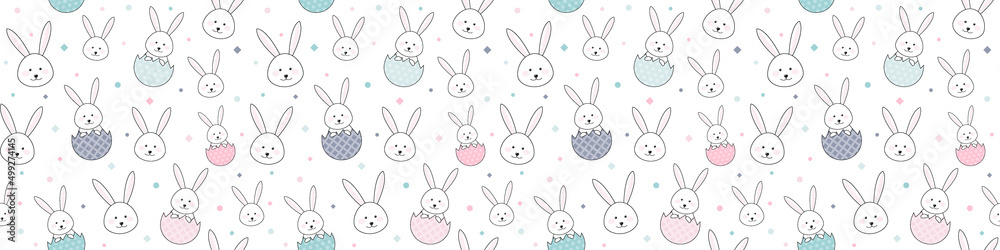 Easter texture with smiley bunnies and eggs. Seamless pattern. Banner. Vector
