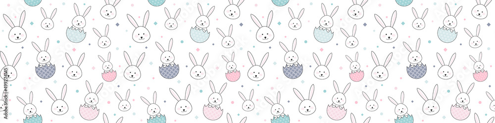 Obraz premium Easter texture with smiley bunnies and eggs. Seamless pattern. Banner. Vector