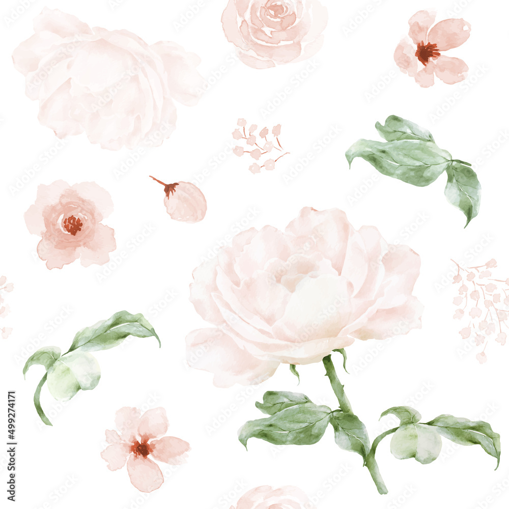 Seamless pattern with watercolor bouquets of light pink roses