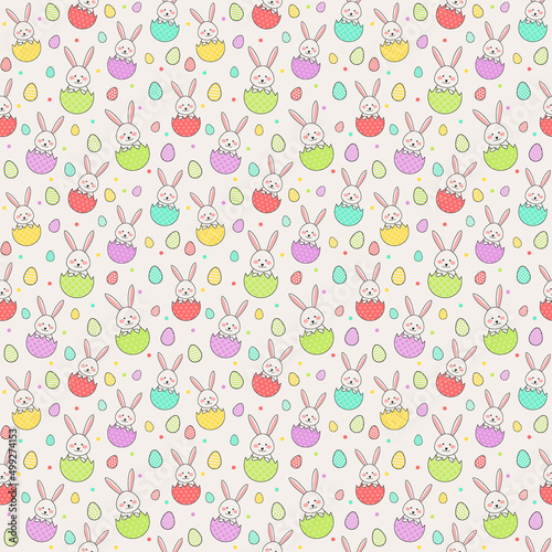 Easter pattern with bunnies and eggs. Vector