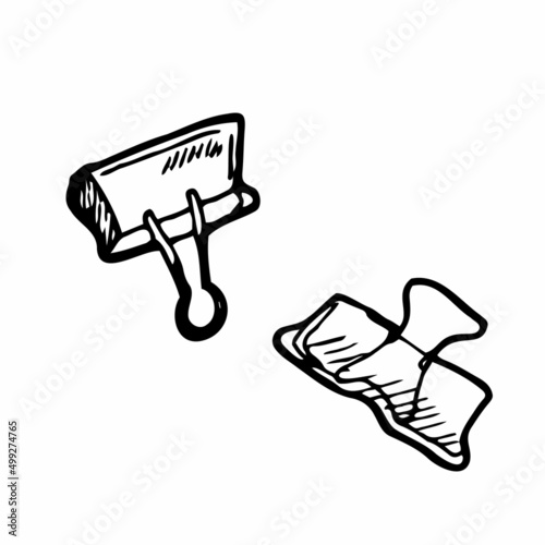 Binder paper clip for binding sheets of paper together, hand drawn vector doodle icon. Simple stationery device foldover bobby clasp, sketch style, isolated on white background.