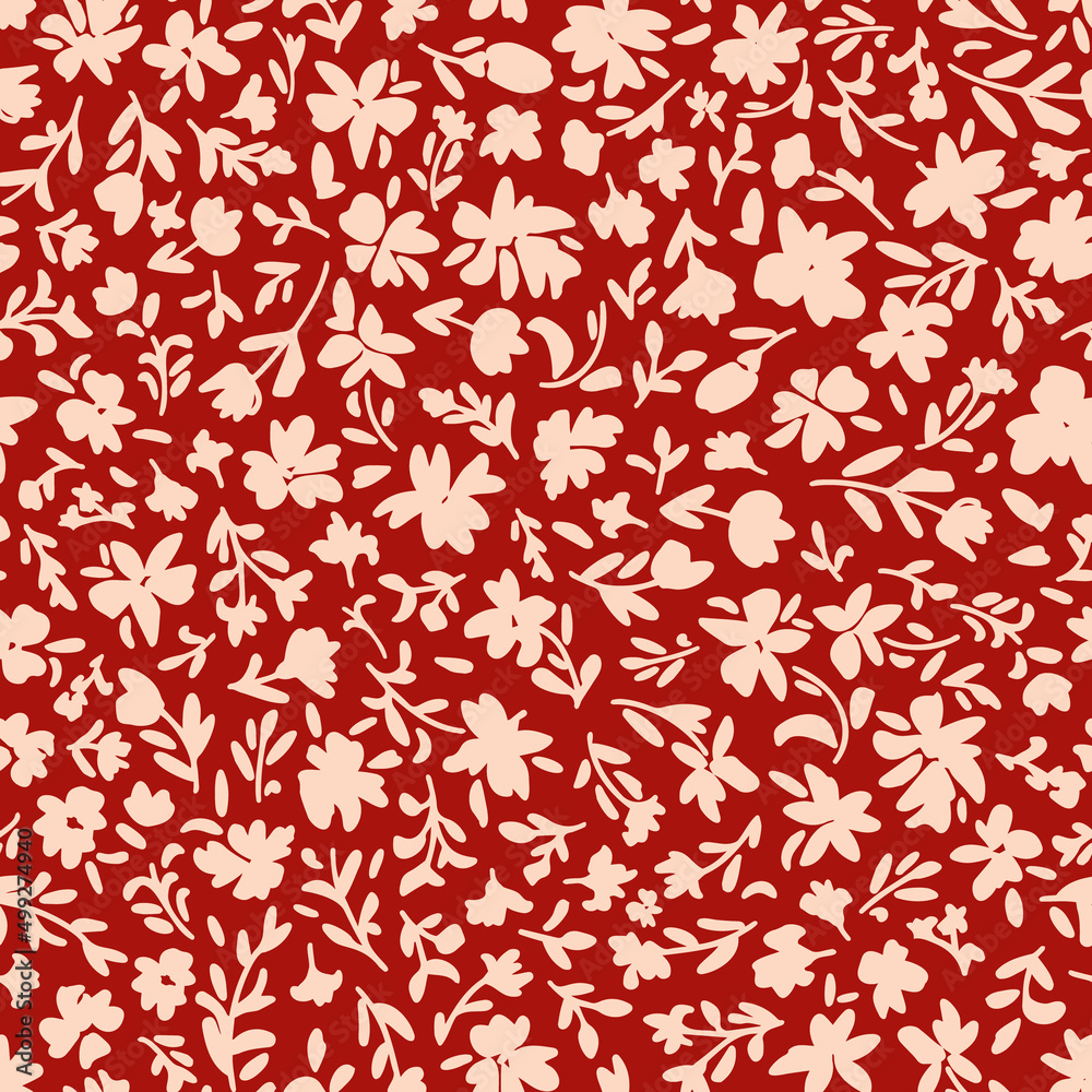 Botany ditsy seamless repeat pattern. Random placed, vector flowers with leaves all over print on red background. Botany ditsy seamless repeat pattern. Random placed, vector flowers with leaves all over print on red background.