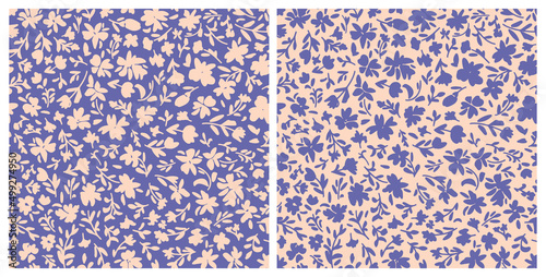 Set of botanical seamless repeat pattern. Random placed, vector very peri flowers with leaves all over surface print.