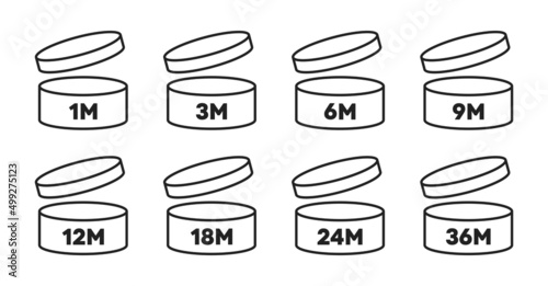 PAO icon set. Period after opening. 1, 3, 6, 9, 12, 18, 24, 36 m. Vector EPS 10