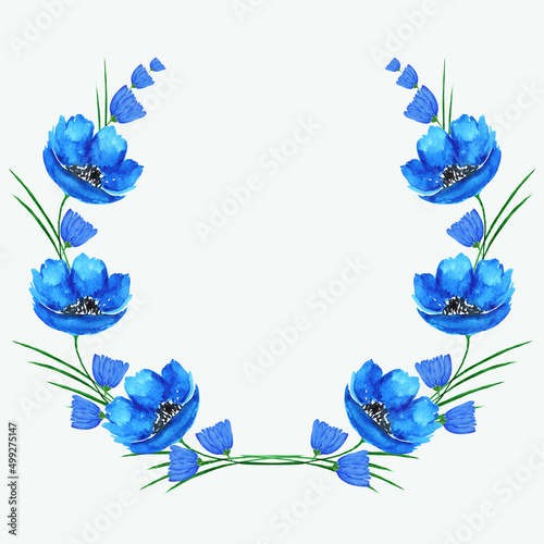 Wreath of blue flowers on a white background