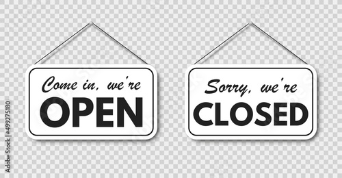 Come in, we're open and sorry, we're closed hanging signboard set with rope and shadow on transparent background. Vector EPS 10