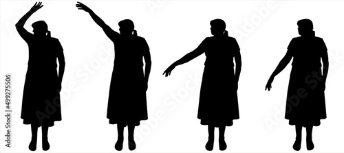 Dance. Dance class. Poses of a dancing woman for motion animation. A woman with a tail of hair on her head, in a skirt and blouse, or a dress below the knee. Front view. Four black female silhouettes 