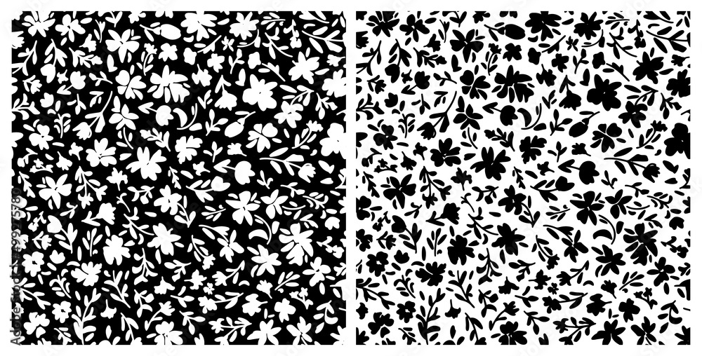Set of botanical seamless repeat pattern. Random placed, vector flowers with leaves all over surface print in black and white.