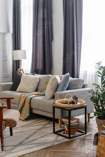Comfortable living room in retro style with breakfast tray near couch