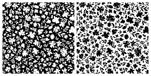 Set of botanical seamless repeat pattern. Random placed, vector flowers with leaves all over surface print in black and white.