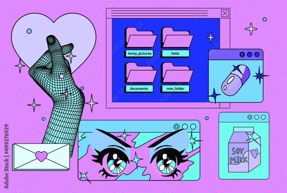 Obraz premium Vaporwave the 90's like style collage with user interface elements and cartoon anime illustrations.