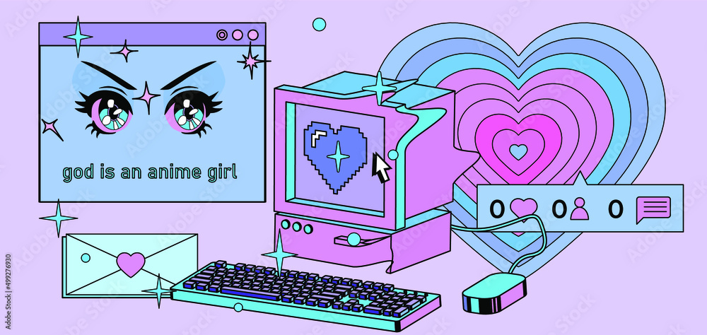 Fototapeta premium Vaporwave the 90's like style collage with user interface elements and cartoon anime illustrations.